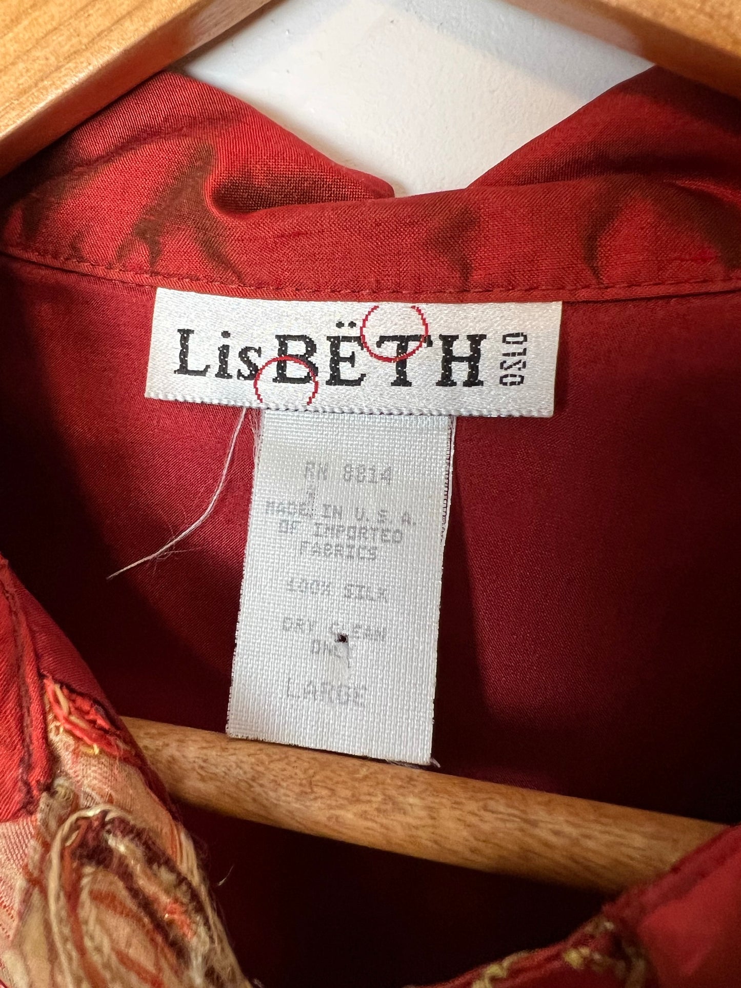 Lisbeth Patchwork Silk Buttonup in Burgundy Tones - Size L