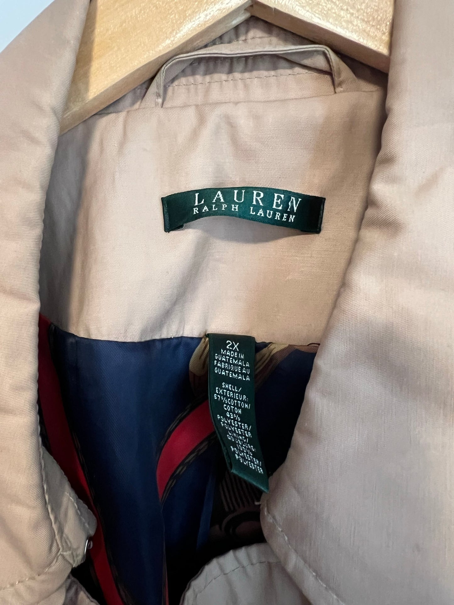 Lauren Ralph Lauren Tan Belted Trench Coat with Equestrian Print Lining - Size 2X