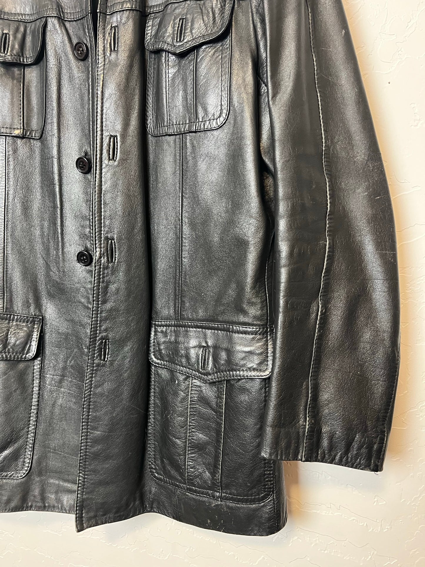 1970s Black Leather Safari Coat - M