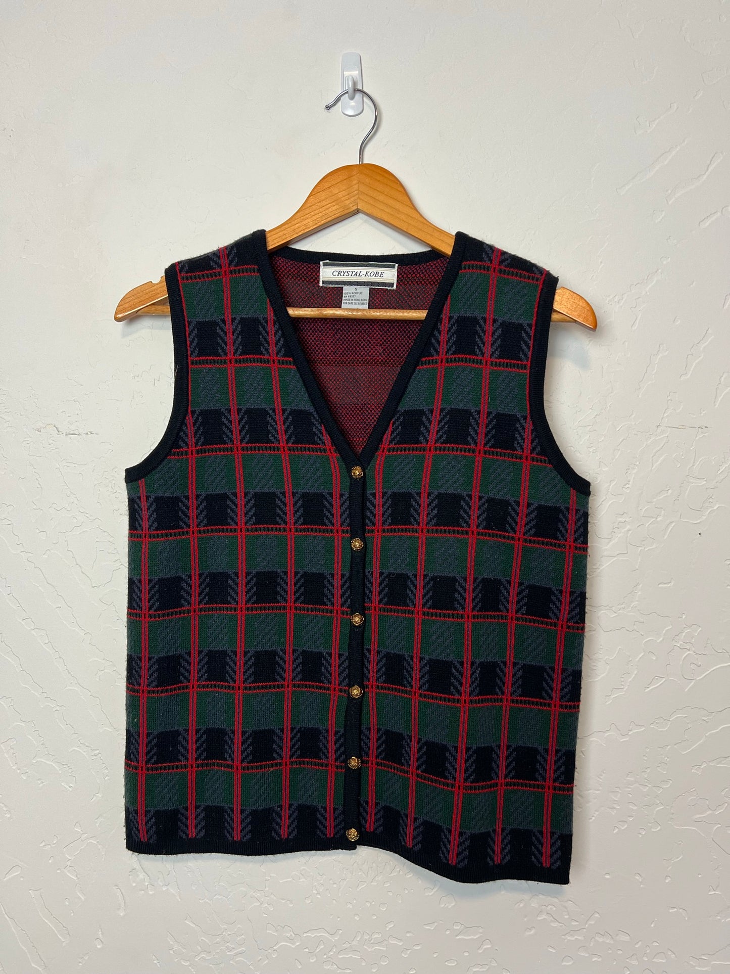 Crystal-Kobe Green Tartan Plaid Knit Vest - Size S