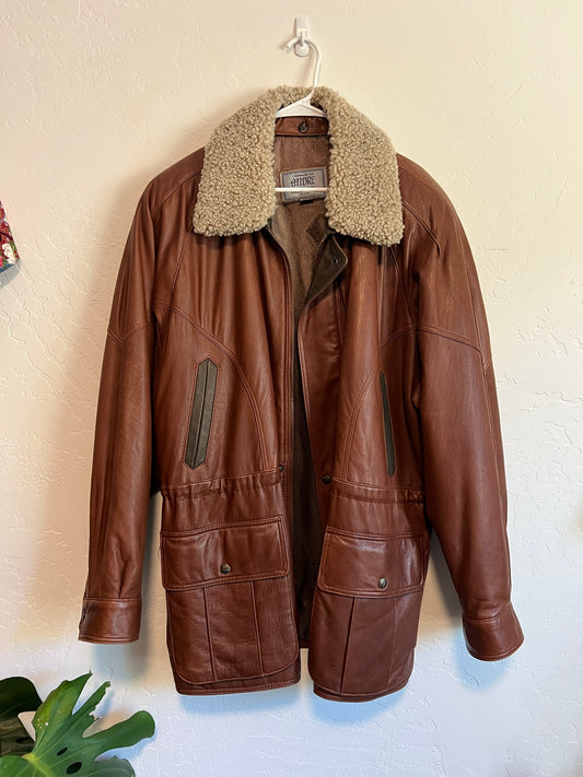 Andre Leather Shearling Collar Coat - XL
