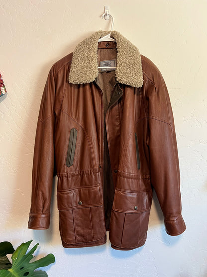 Andre Leather Shearling Collar Coat - XL