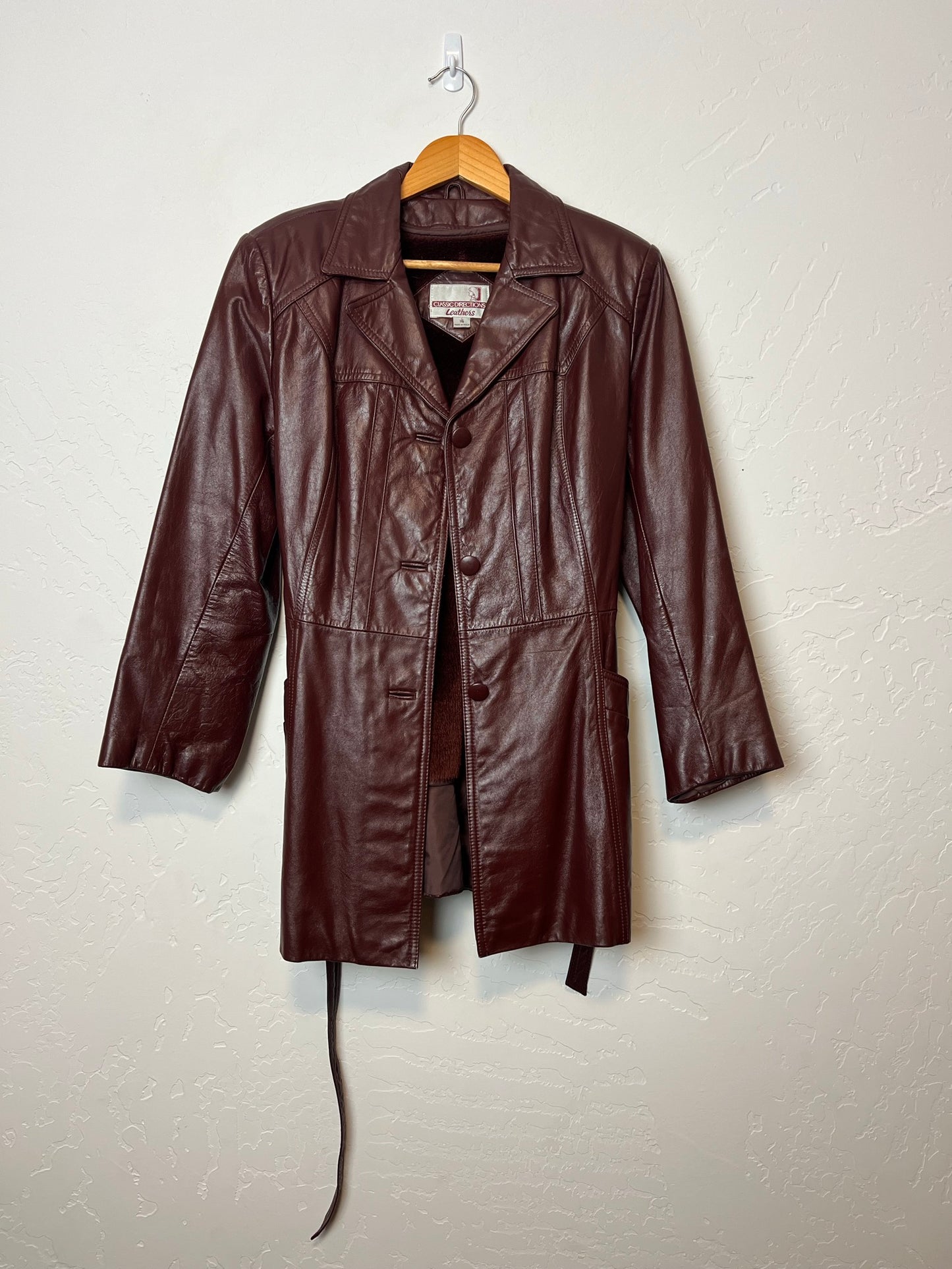 Classic Directions Burgundy Leather Belted Jacket - Size 16