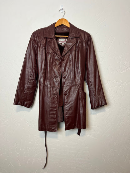 Classic Directions Burgundy Leather Belted Jacket - Size 16