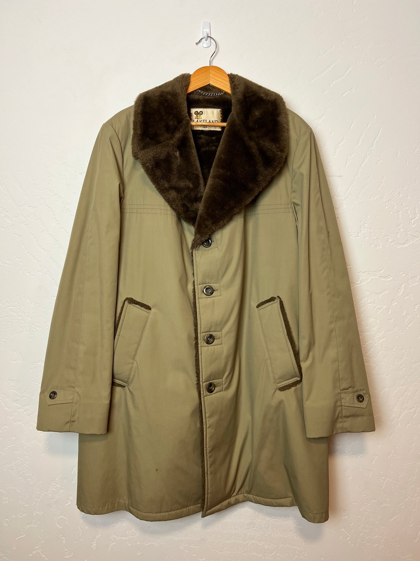 Lakeland Olive Trench Coat with Faux Fur Collar - Size 44 Long