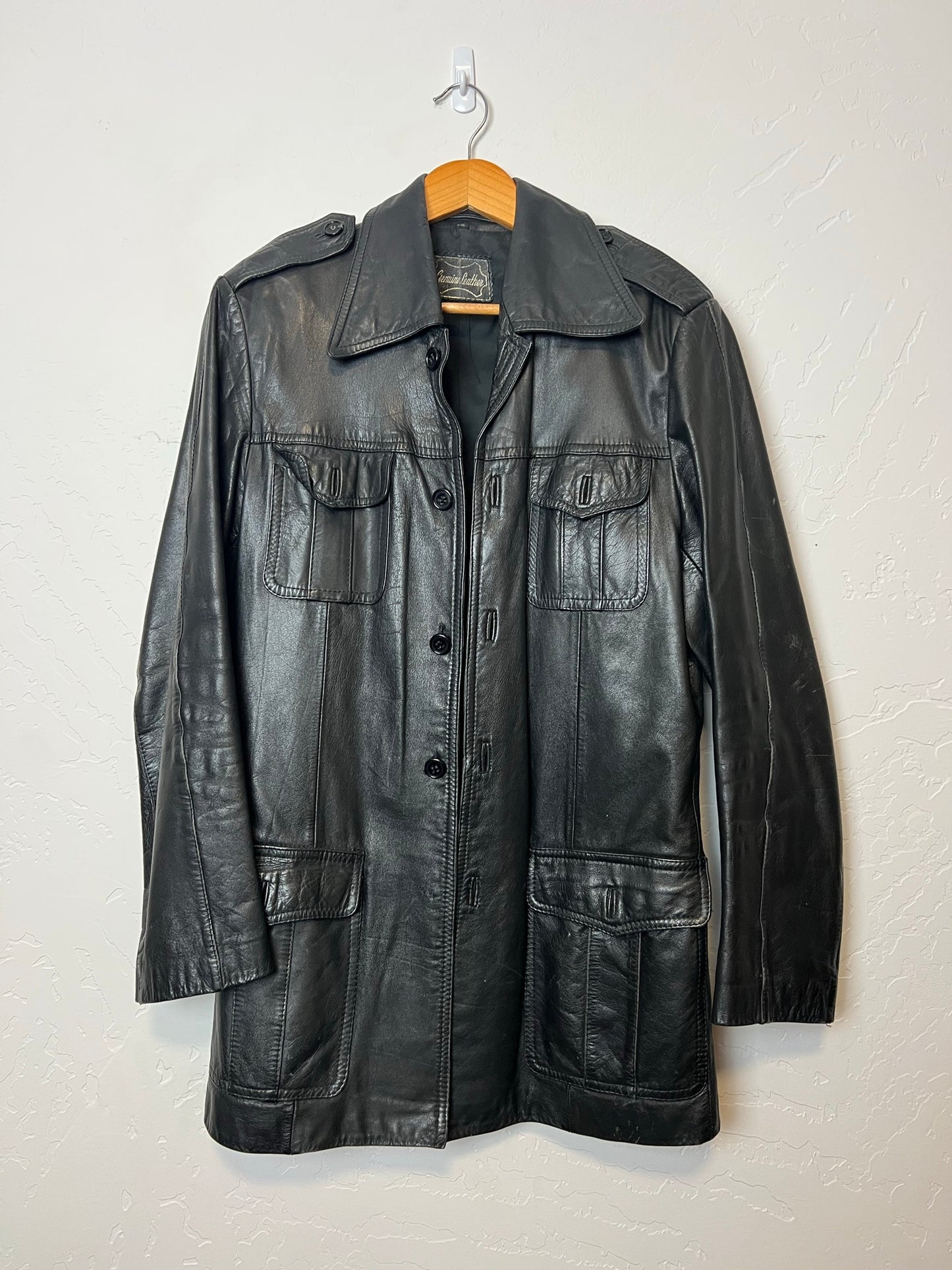 1970s Black Leather Safari Coat - M