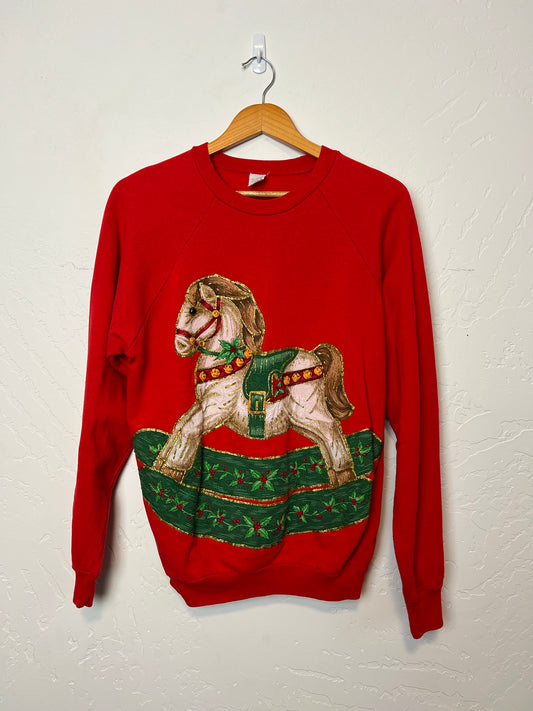 Vintage Red Christmas Carousel Horse Applique Sweatshirt - Size L