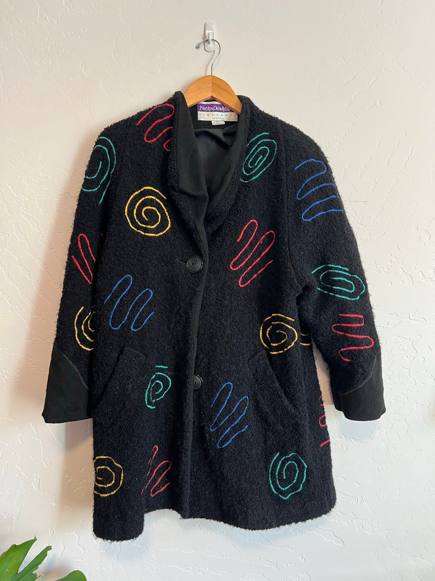 Marylou Ozbolt Storer Fiber Arts Black Wool Embroidered Coat - Size S