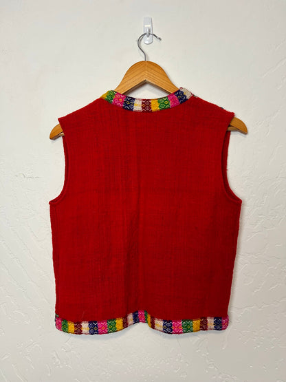 Peruvian Handwoven Red Wool Vest with Rainbow Trim - Size S