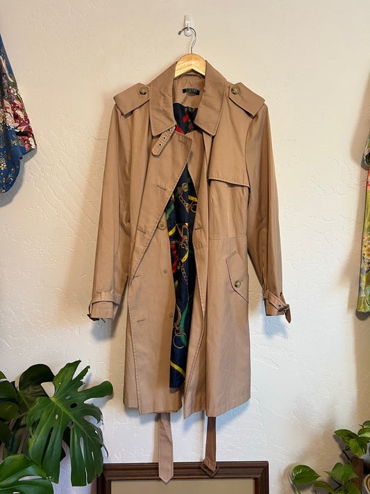 Lauren Ralph Lauren Tan Belted Trench Coat with Equestrian Print Lining - Size 2X