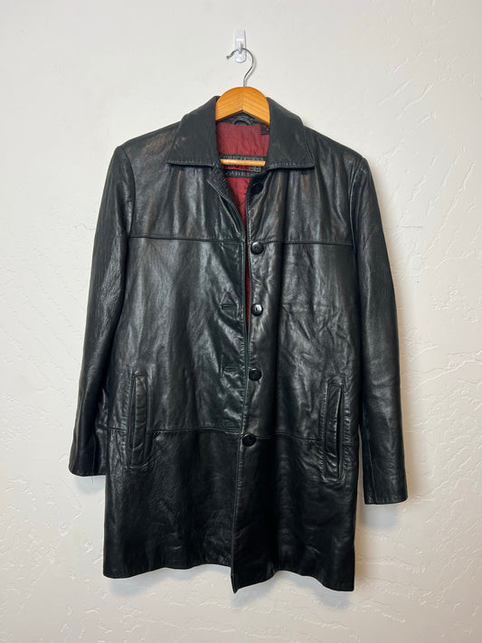 Nicole Black Leather Double-Breasted Coat with Red Lining