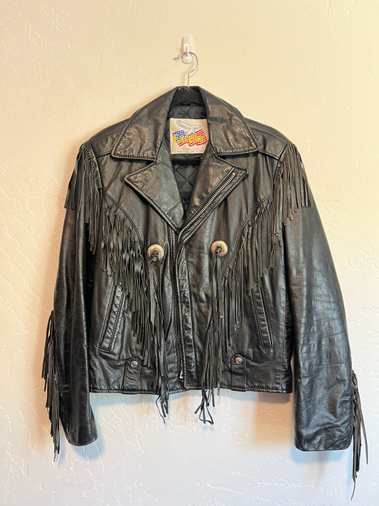 Excelled Black Leather Fringe Jacket with Silver Conchos - Size 36