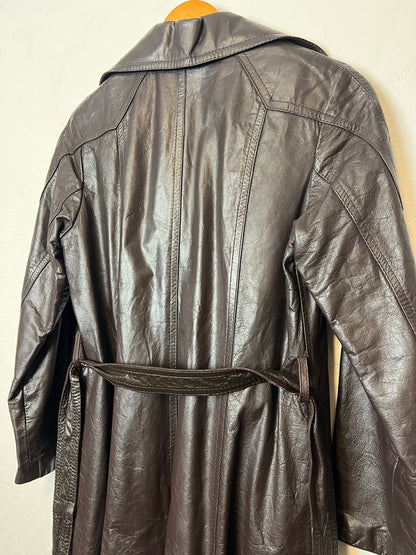 1970s Leather Trench Coat with Faux Fur Lining - M