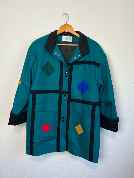 International Scene Teal Wool Coat with Colorful Diamonds - Size 11/12