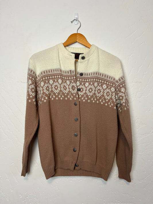Jantzen Fair Isle Cardigan Sweater - Cream & Brown Nordic Pattern - Size 40