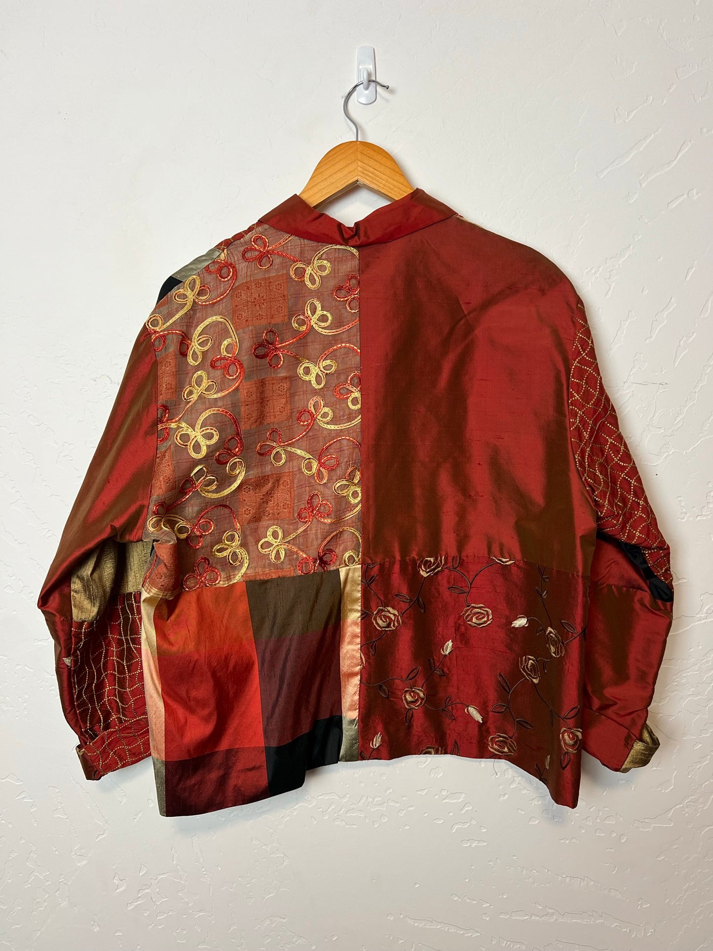 Lisbeth Patchwork Silk Buttonup in Burgundy Tones - Size L