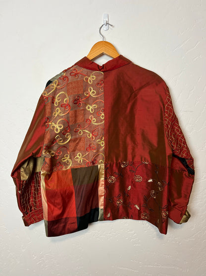 Lisbeth Patchwork Silk Buttonup in Burgundy Tones - Size L