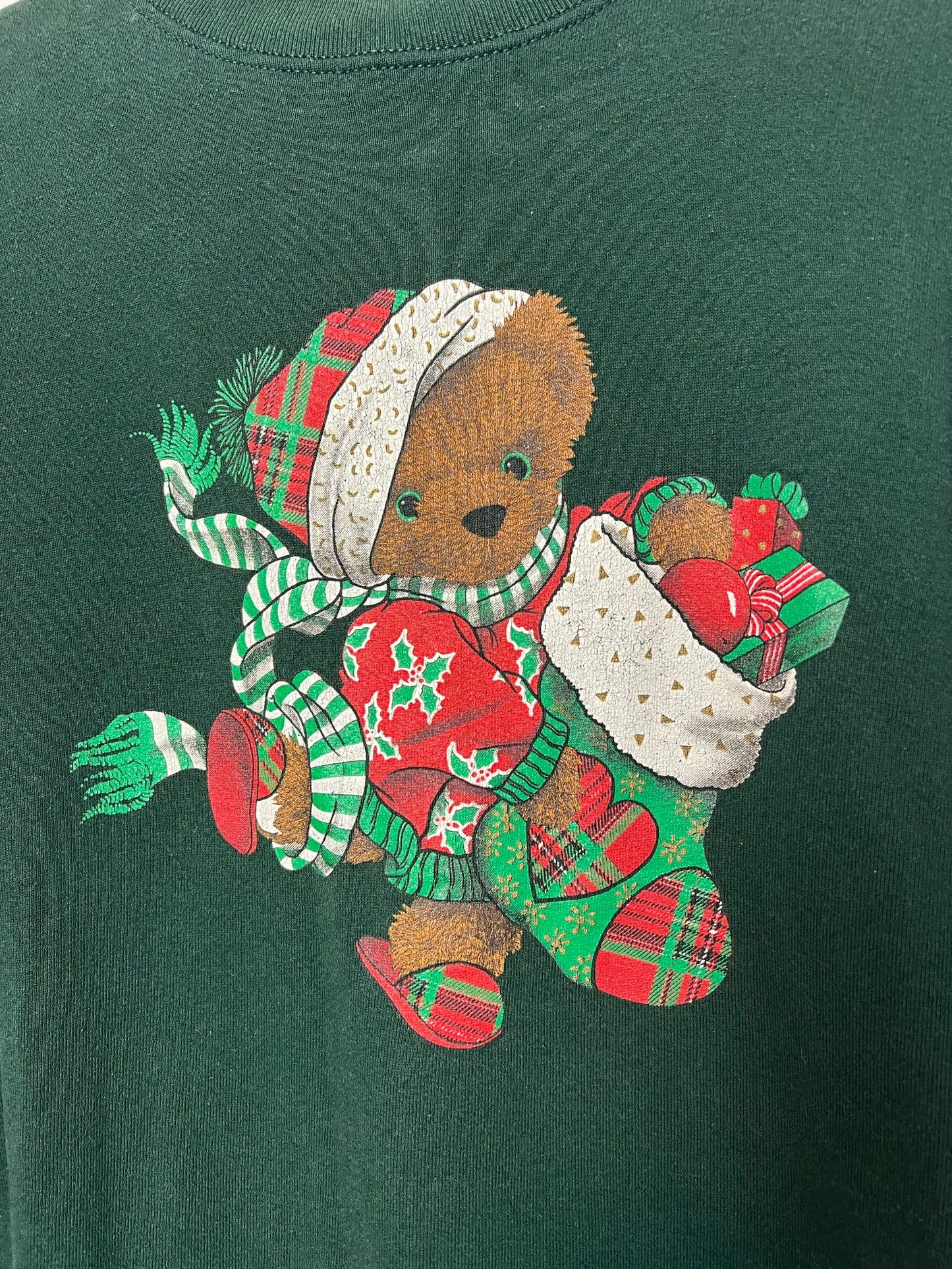 Fruit of the Loom Christmas Teddy Bear Green Sweatshirt - Size XL