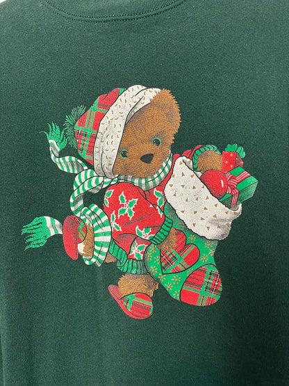 Fruit of the Loom Christmas Teddy Bear Green Sweatshirt - Size XL