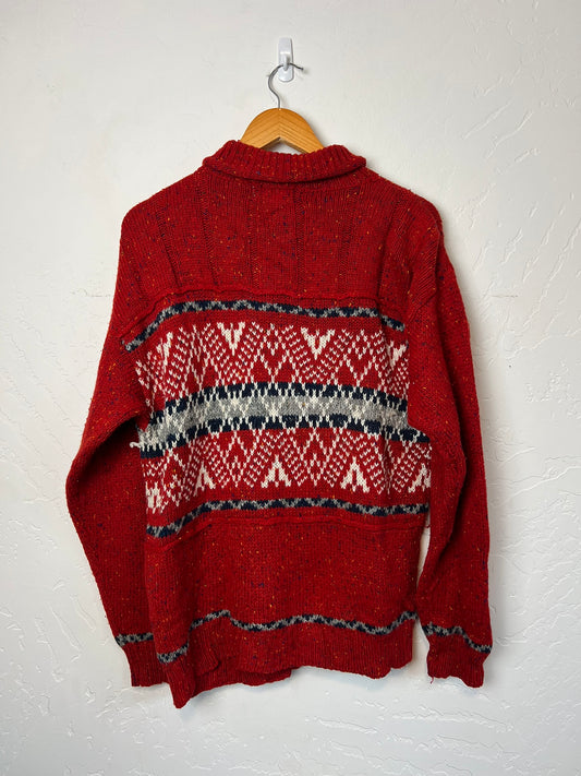 Tweed Knit Fair Isle Turtleneck Sweater Red - M