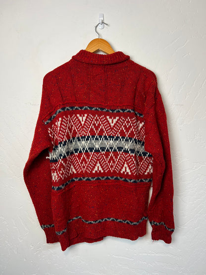 Tweed Knit Fair Isle Turtleneck Sweater Red - M