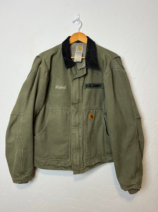 Carhartt Moss Green Canvas Work Jacket with U.S. Army Patch - Size L