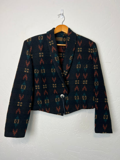 Mixed Blues Southwestern Wool Cropped Blazer - M