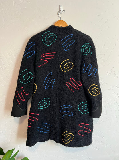 Marylou Ozbolt Storer Fiber Arts Black Wool Embroidered Coat - Size S