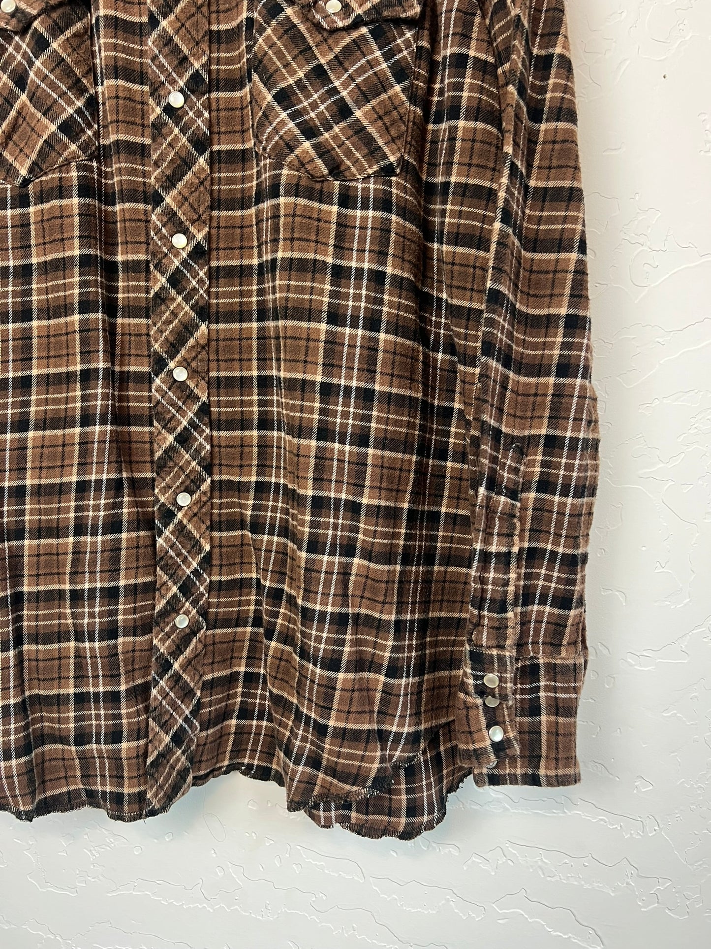 Wrangler Western Flannel Brown Plaid Pearl Snap - LT