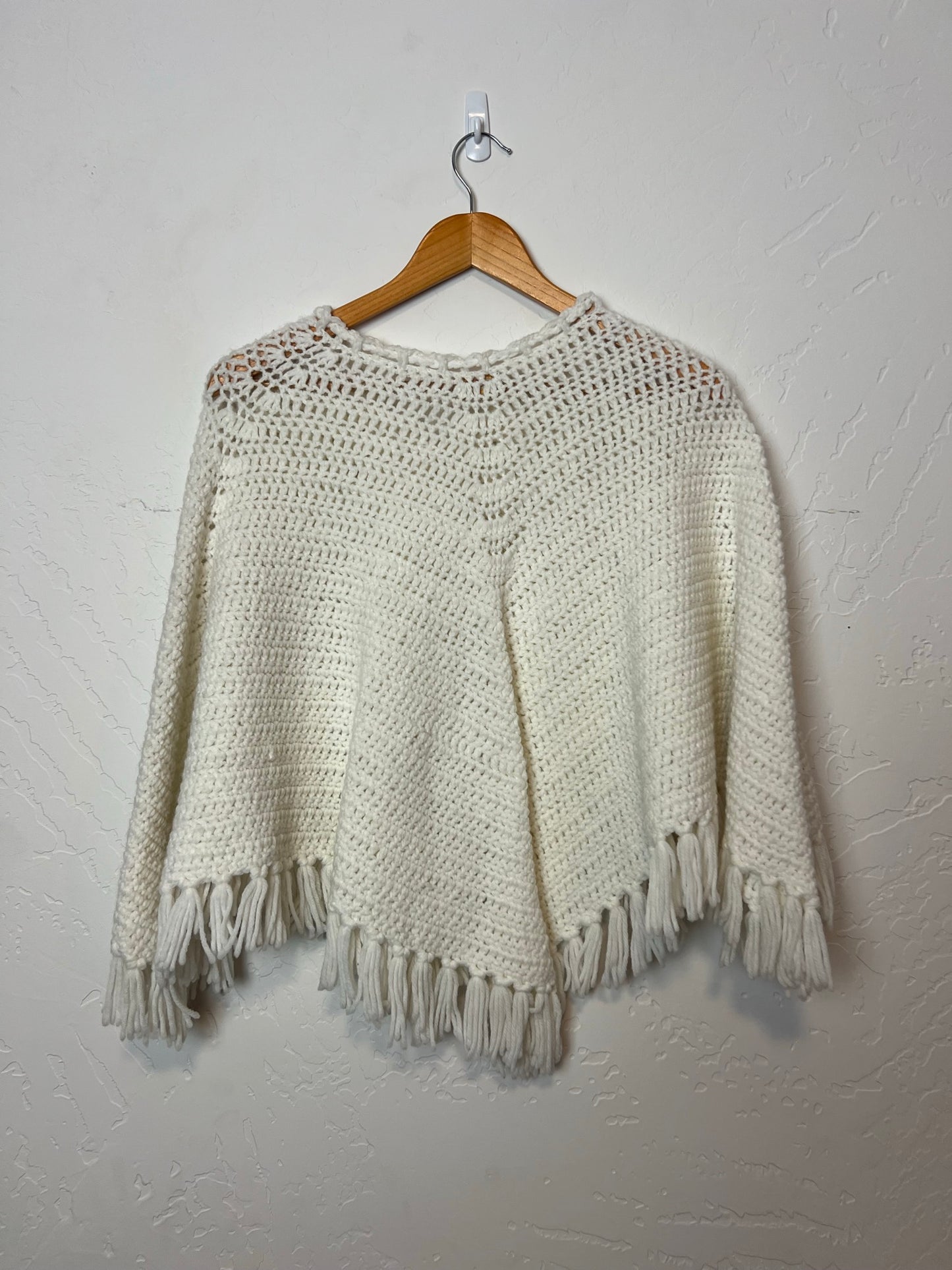 Handmade Cream Crochet Cape Poncho with Fringe