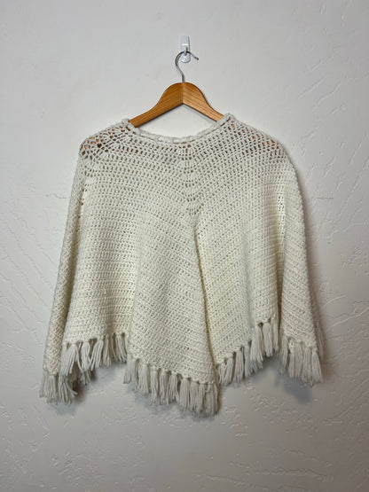 Handmade Cream Crochet Cape Poncho with Fringe