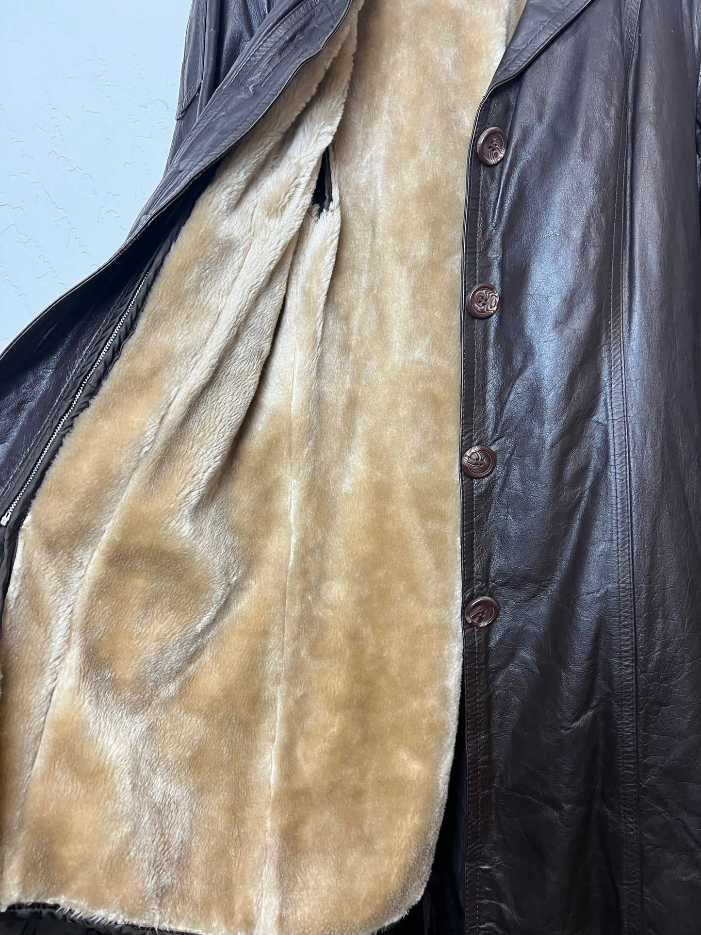 1970s Leather Trench Coat with Faux Fur Lining - M