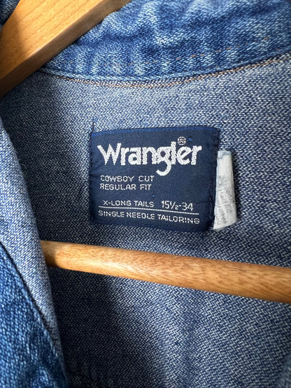 Wrangler Blue Denim Western Shirt - Size 15.5-34 X-Long Tails
