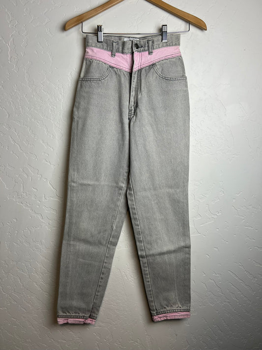 Vintage 80s Color-Block Grey + Pink High Waist Jeans - 24