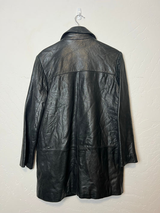 Nicole Black Leather Double-Breasted Coat with Red Lining