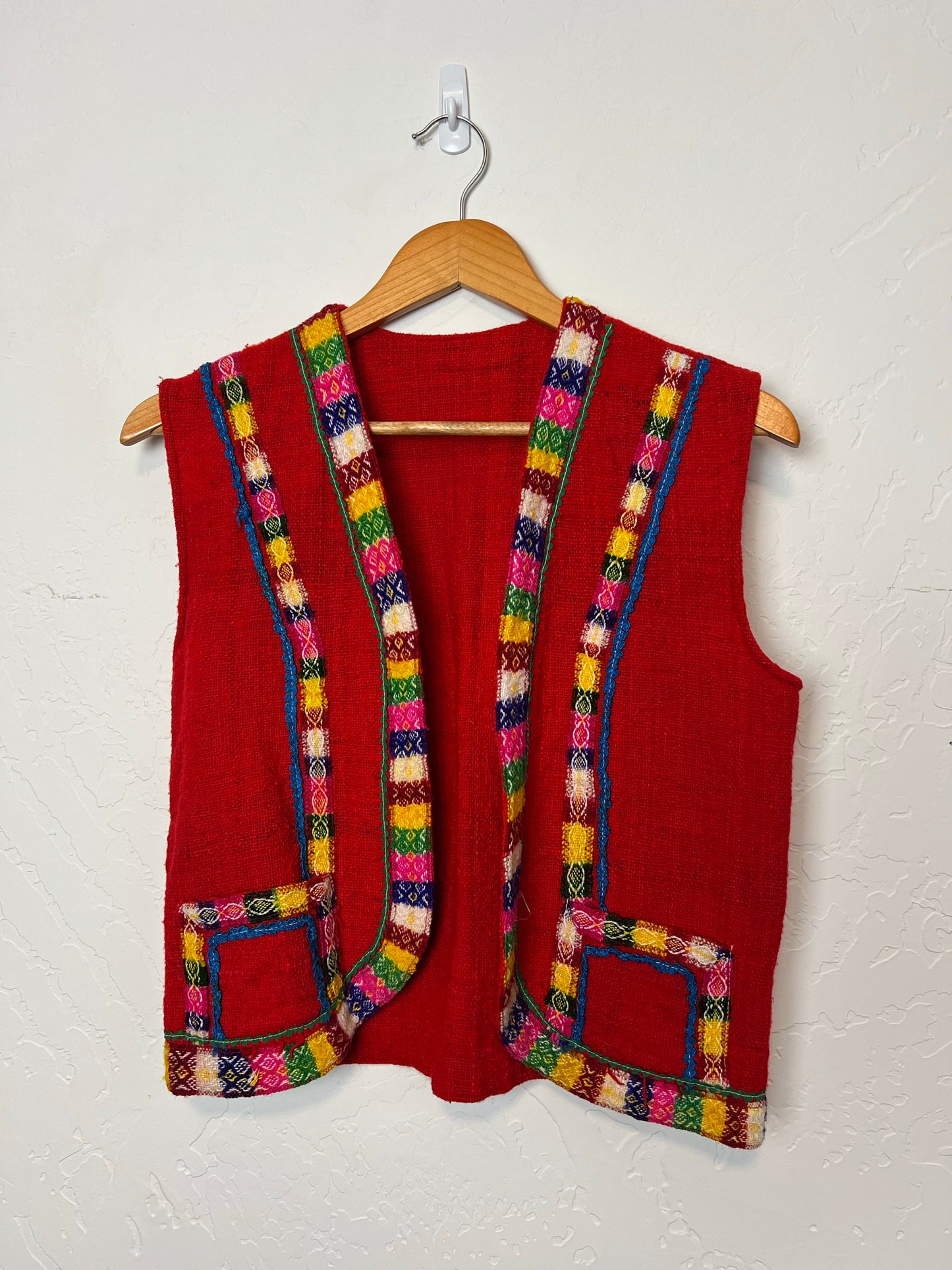 Peruvian Handwoven Red Wool Vest with Rainbow Trim - Size S