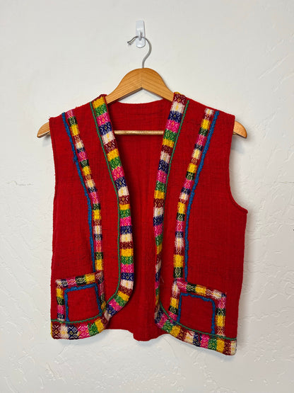 Peruvian Handwoven Red Wool Vest with Rainbow Trim - Size S