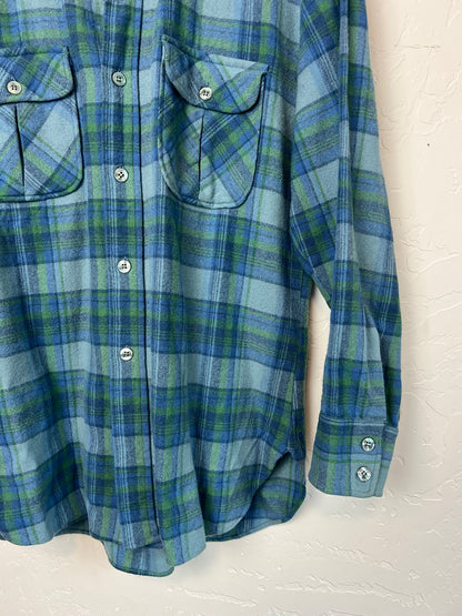 Pendleton Board Shirt Faded Blue-Green Plaid Wool - M