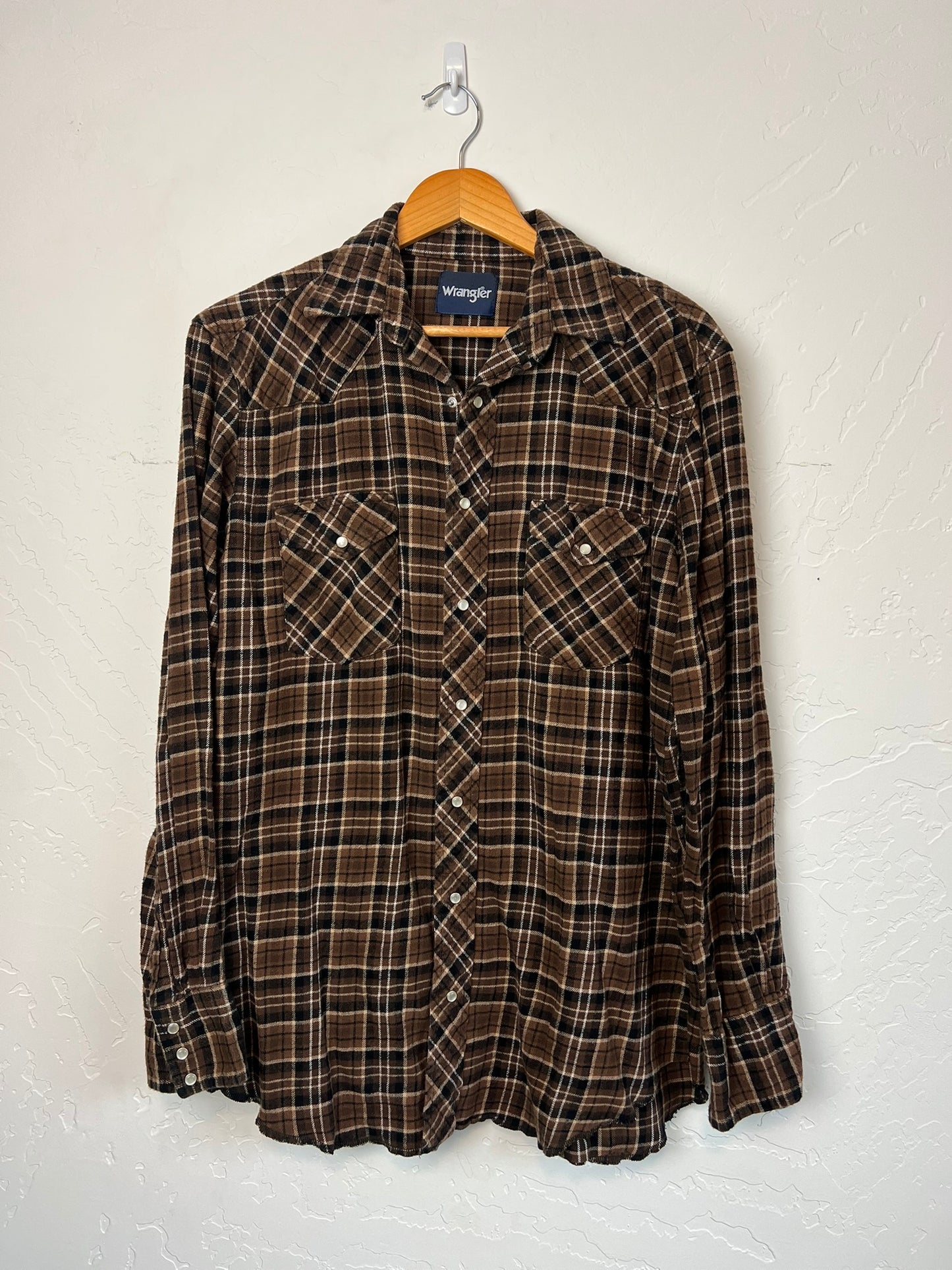 Wrangler Western Flannel Brown Plaid Pearl Snap - LT