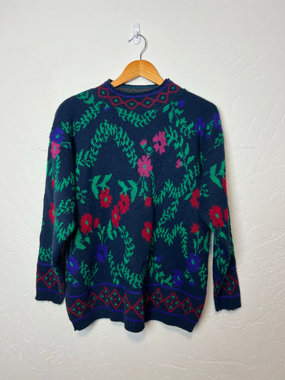 Kate Collins Navy Floral Knit Sweater - Size M