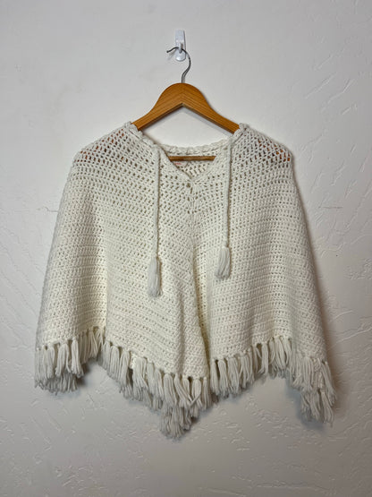 Handmade Cream Crochet Cape Poncho with Fringe