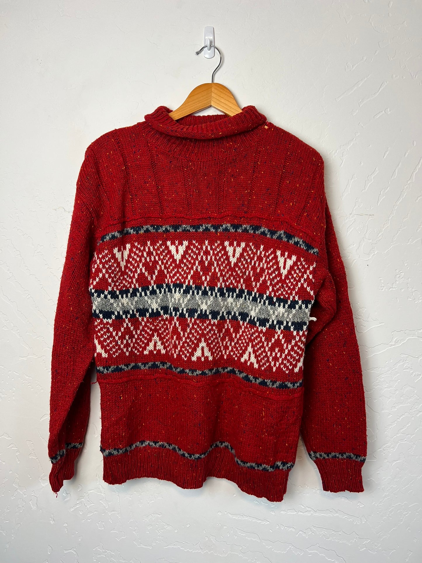Tweed Knit Fair Isle Turtleneck Sweater Red - M