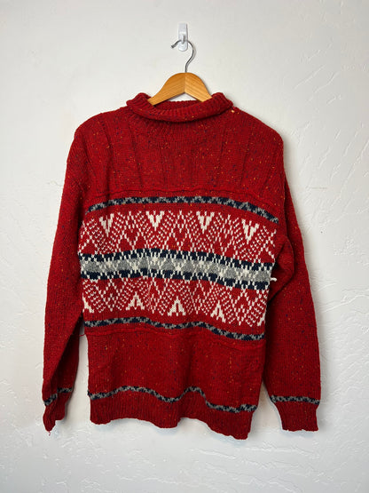 Tweed Knit Fair Isle Turtleneck Sweater Red - M