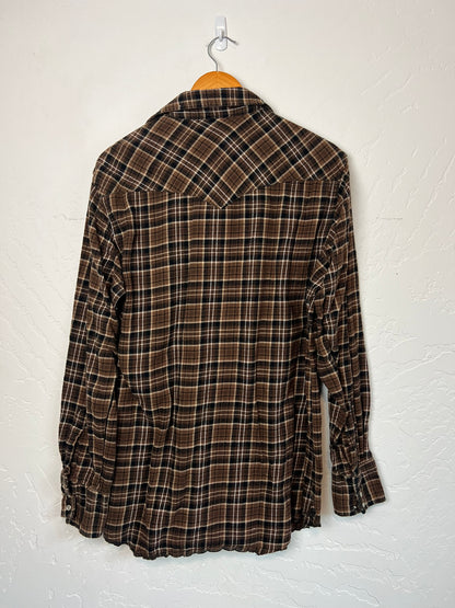 Wrangler Western Flannel Brown Plaid Pearl Snap - LT