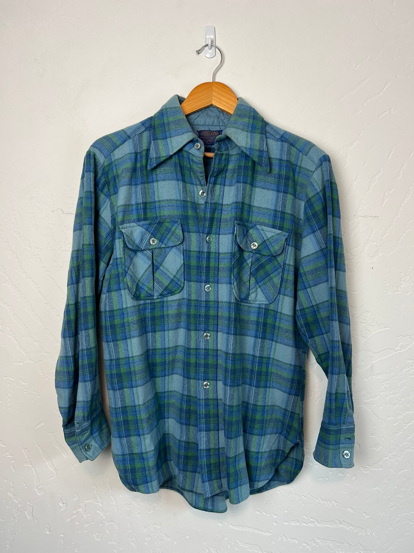 Pendleton Board Shirt Faded Blue-Green Plaid Wool - M