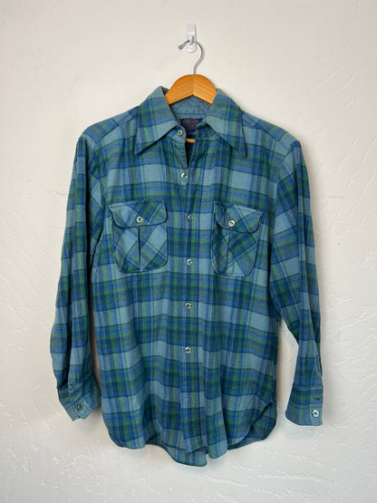 Pendleton Board Shirt Faded Blue-Green Plaid Wool - M
