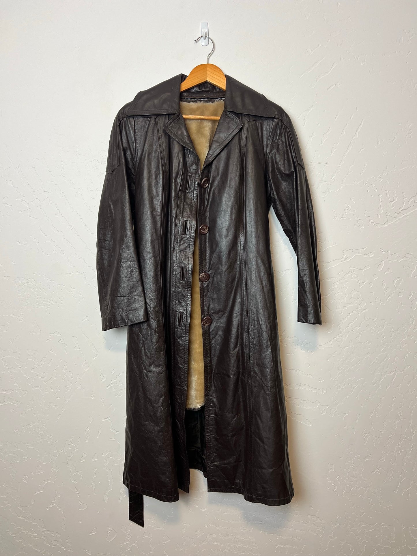 1970s Leather Trench Coat with Faux Fur Lining - M