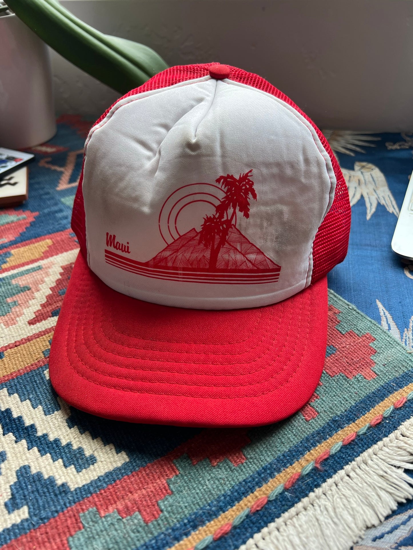 Vintage Maui Palm Tree Trucker Hat - Red & White Hawaiian Sunset