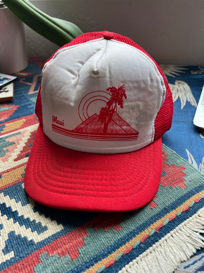 Vintage Maui Palm Tree Trucker Hat - Red & White Hawaiian Sunset