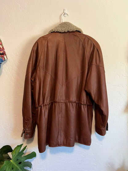 Andre Leather Shearling Collar Coat - XL